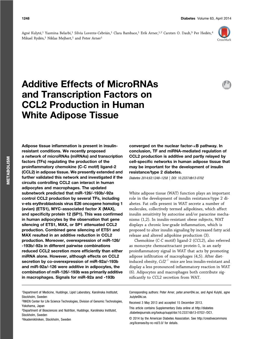 Additive Effects of Micrornas and Transcription Factors on CCL2 Production in Human White Adipose Tissue