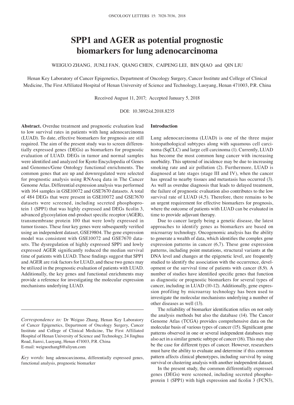 SPP1 and AGER As Potential Prognostic Biomarkers for Lung Adenocarcinoma