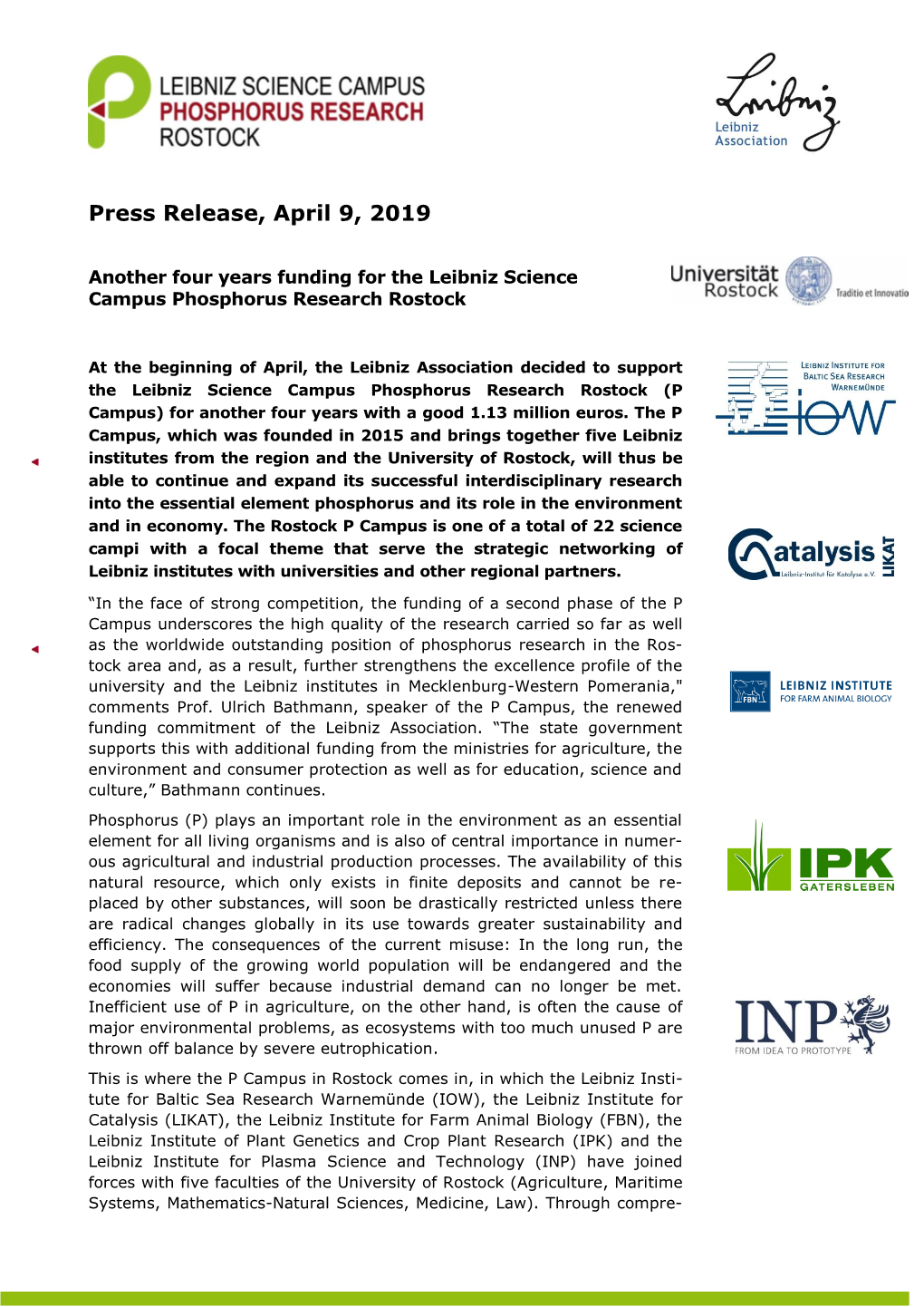 Press Release, April 9, 2019