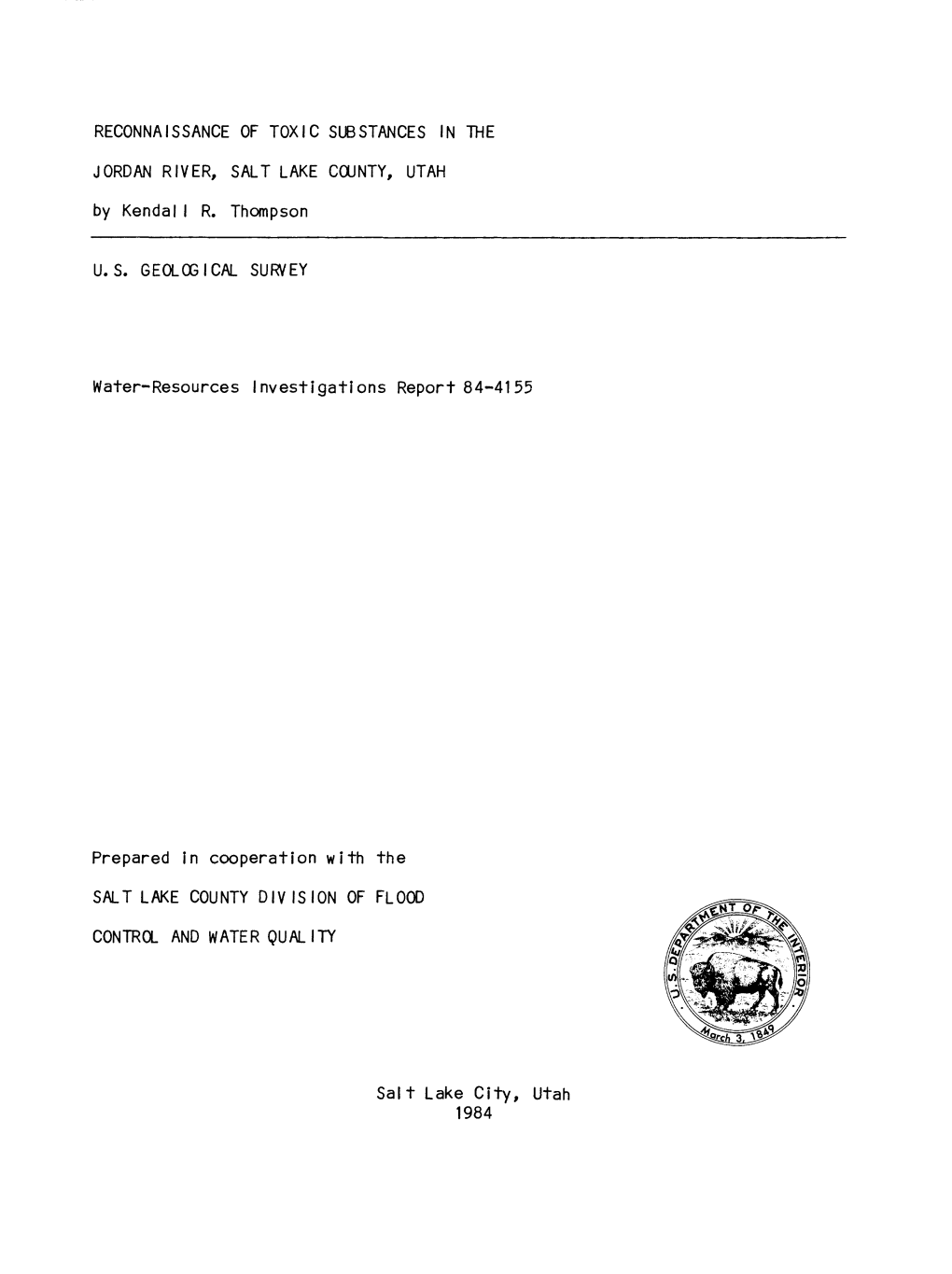 Reconnaissance of Toxic Substances in the Jordan River, Salt Lake County, Utah