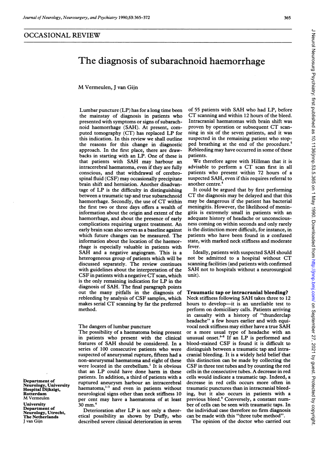 The Diagnosis of Subarachnoid Haemorrhage