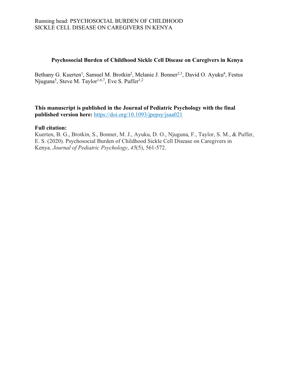 Psychosocial Burden of Childhood Sickle Cell Disease on Caregivers in Kenya