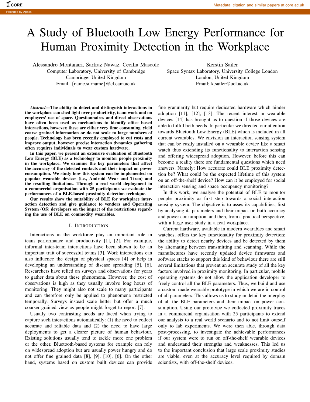 A Study of Bluetooth Low Energy Performance for Human Proximity Detection in the Workplace