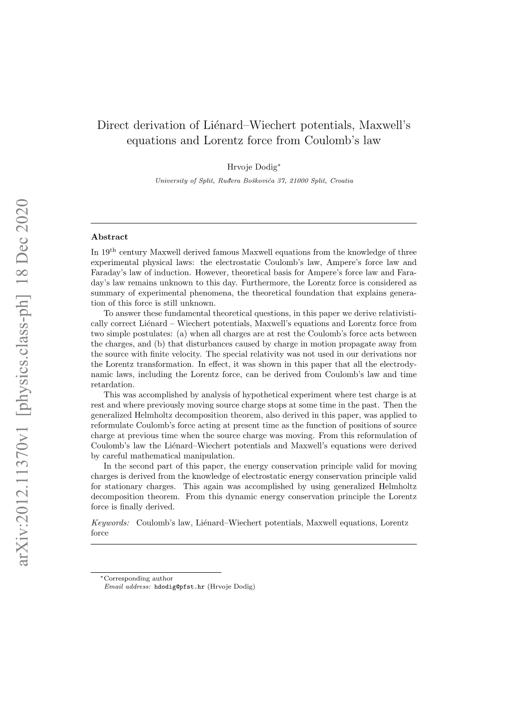 Direct Derivation of Liénard–Wiechert Potentials, Maxwell's