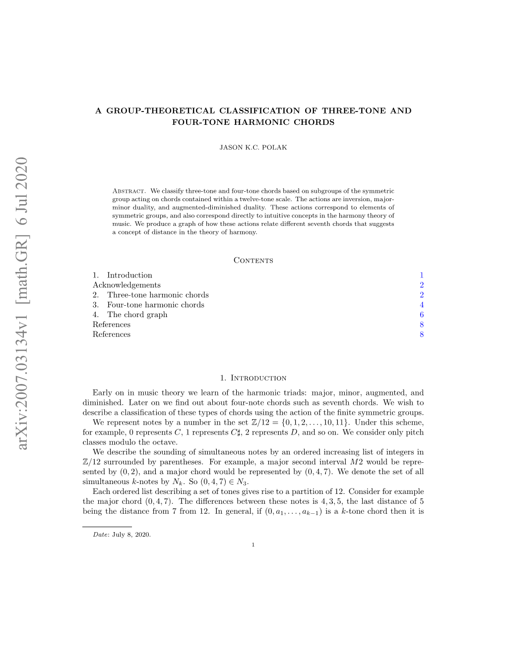 A Group-Theoretical Classification of Three-Tone and Four-Tone Harmonic Chords3