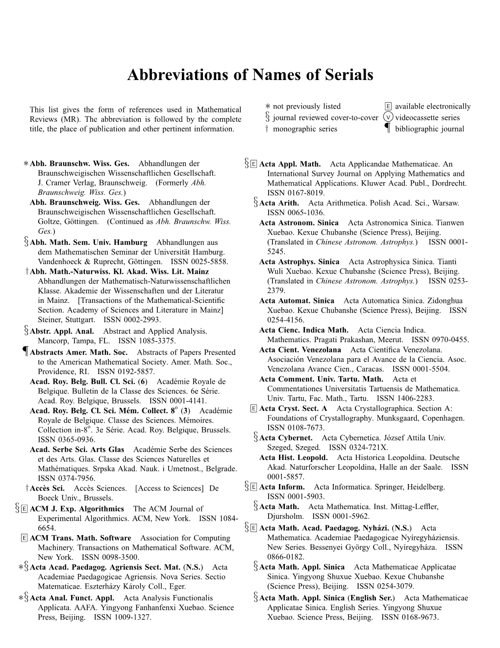 Abbreviations of Names of Serials