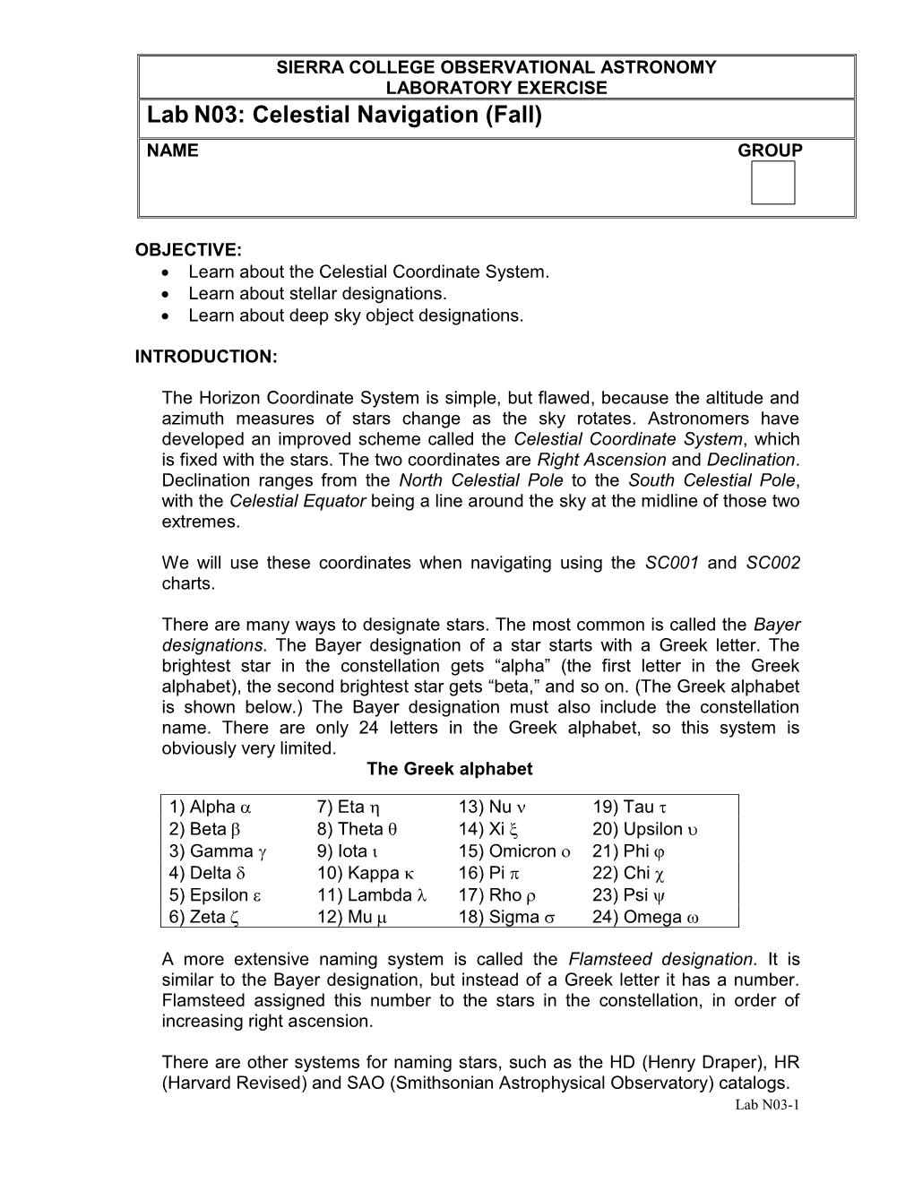 Celestial Navigation (Fall) NAME GROUP