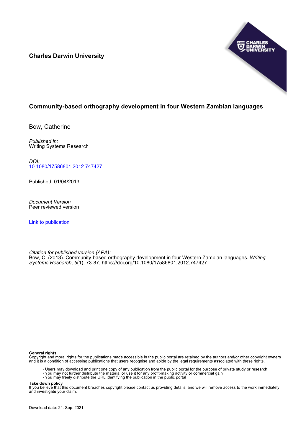 Charles Darwin University Community-Based Orthography Development in Four Western Zambian Languages Bow, Catherine