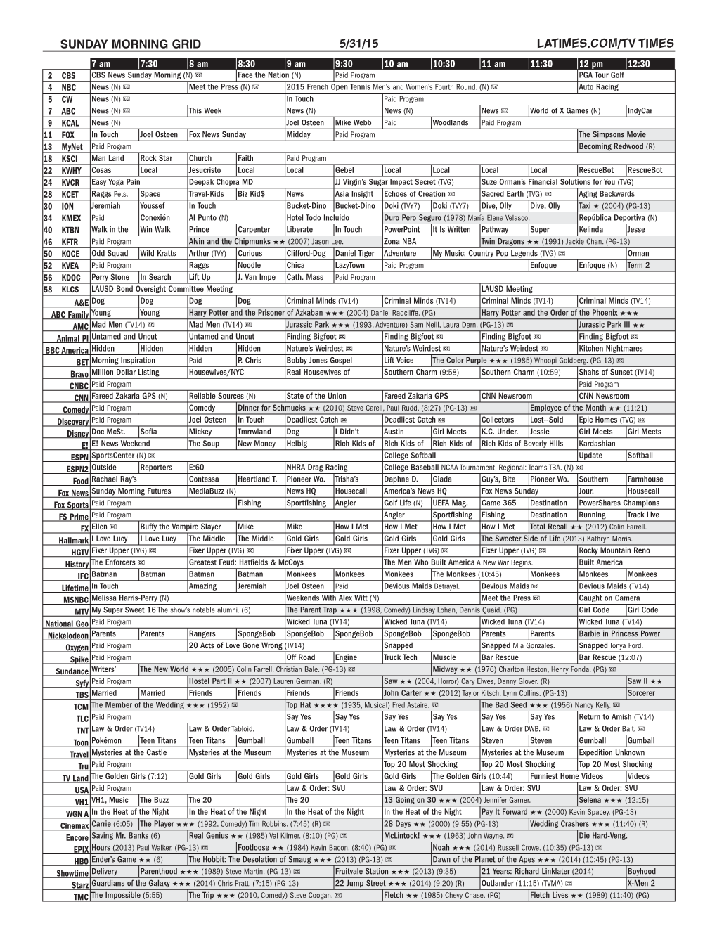 Sunday Morning Grid 5/31/15 Latimes.Com/Tv Times