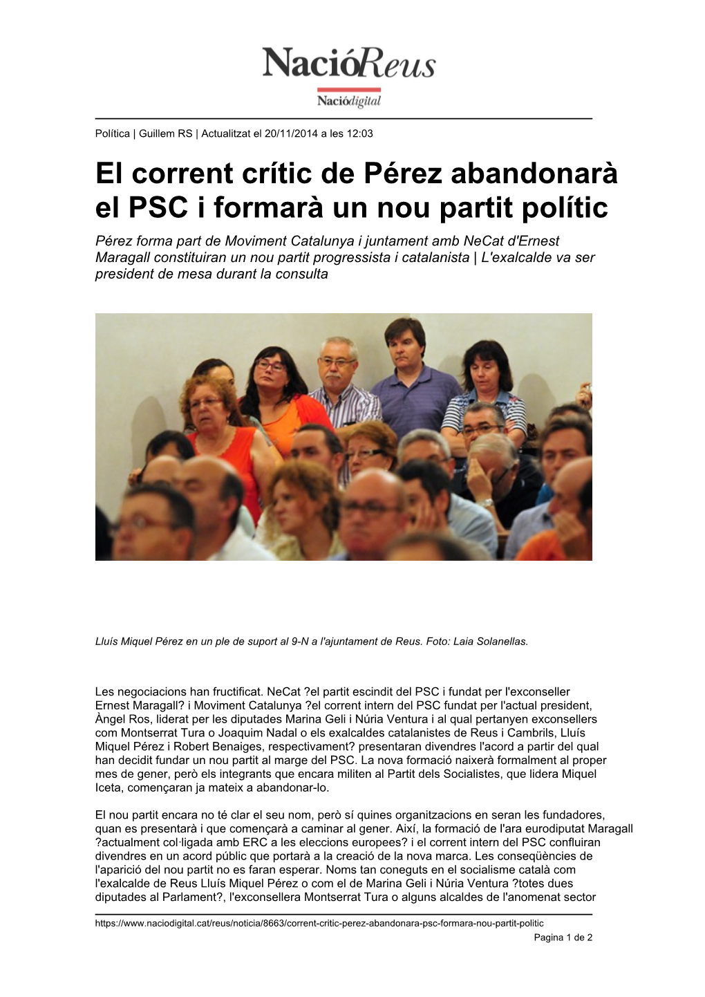 El Corrent Crític De Pérez Abandonarà El PSC I Formarà Un Nou Partit Polític