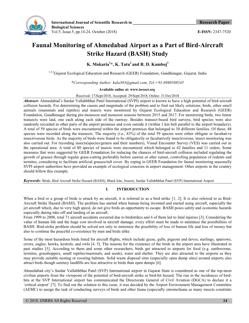 Faunal Monitoring of Ahmedabad Airport As a Part of Bird-Aircraft Strike Hazard (BASH) Study