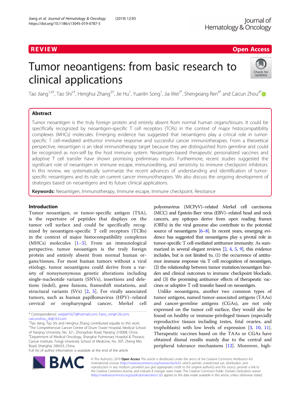 Tumor Neoantigens: from Basic Research to Clinical Applications