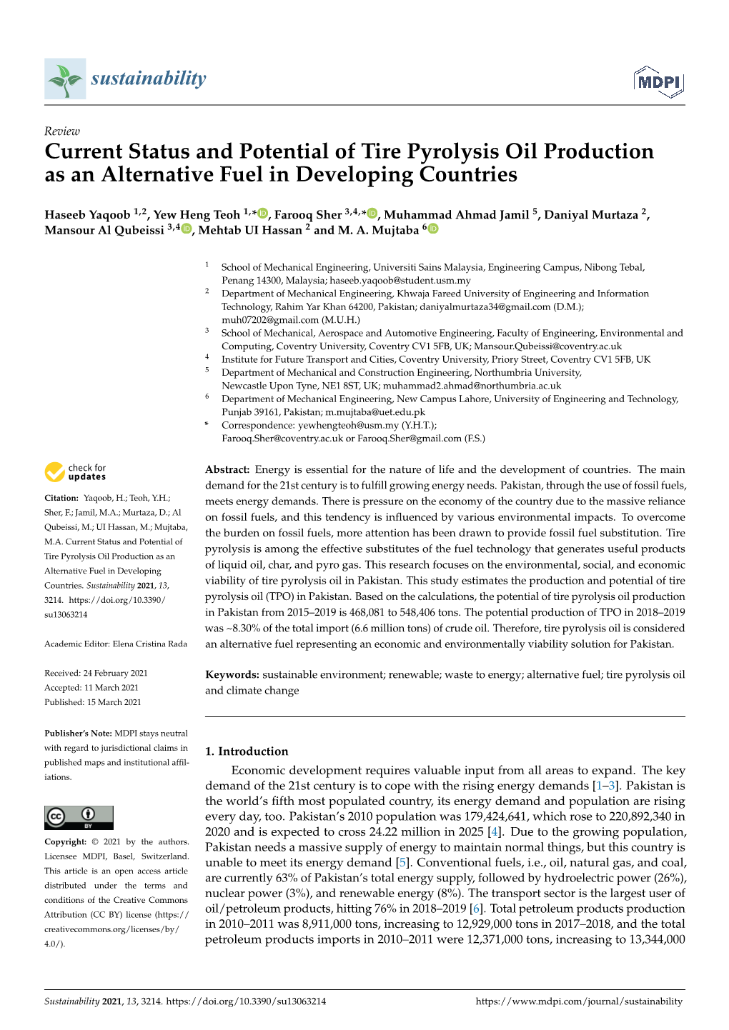 Current Status and Potential of Tire Pyrolysis Oil Production As an Alternative Fuel in Developing Countries