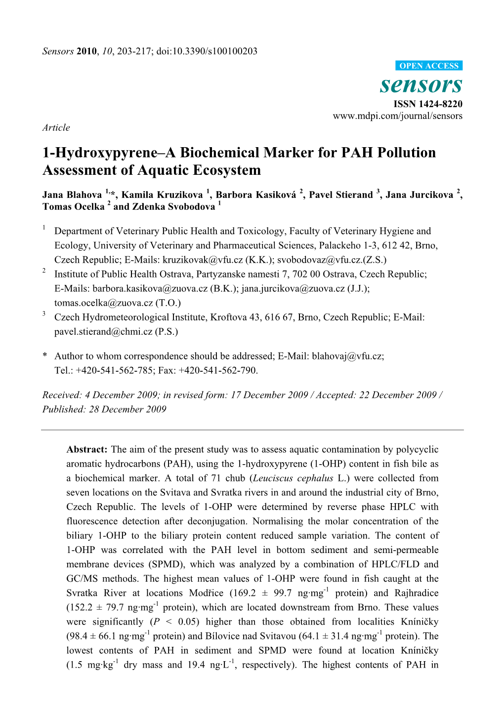 1-Hydroxypyrene–A Biochemical Marker for PAH Pollution Assessment of Aquatic Ecosystem