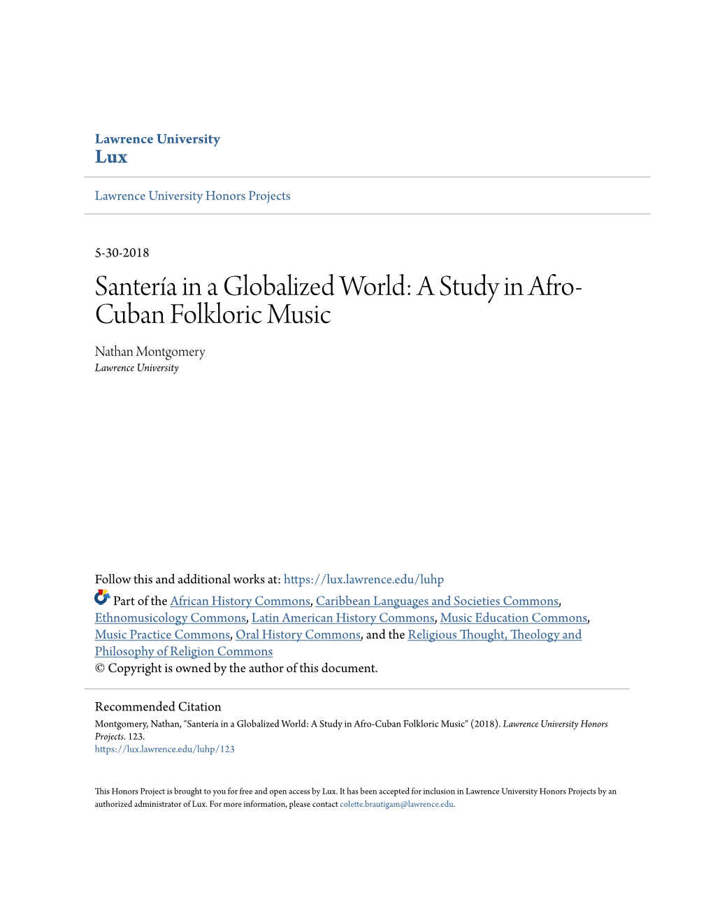 Santería in a Globalized World: a Study in Afro-Cuban Folkloric Music