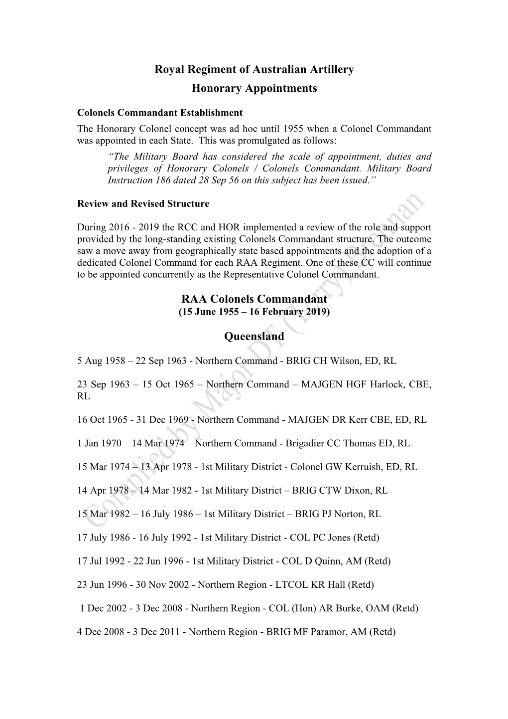 Colonel Commandant Honour Board