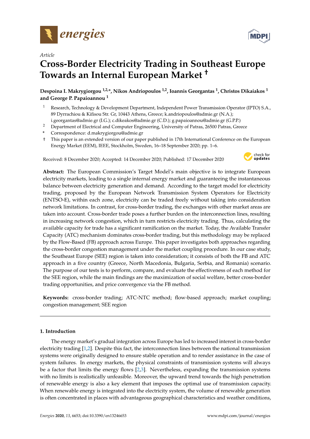 Cross-Border Electricity Trading in Southeast Europe Towards an Internal European Market †