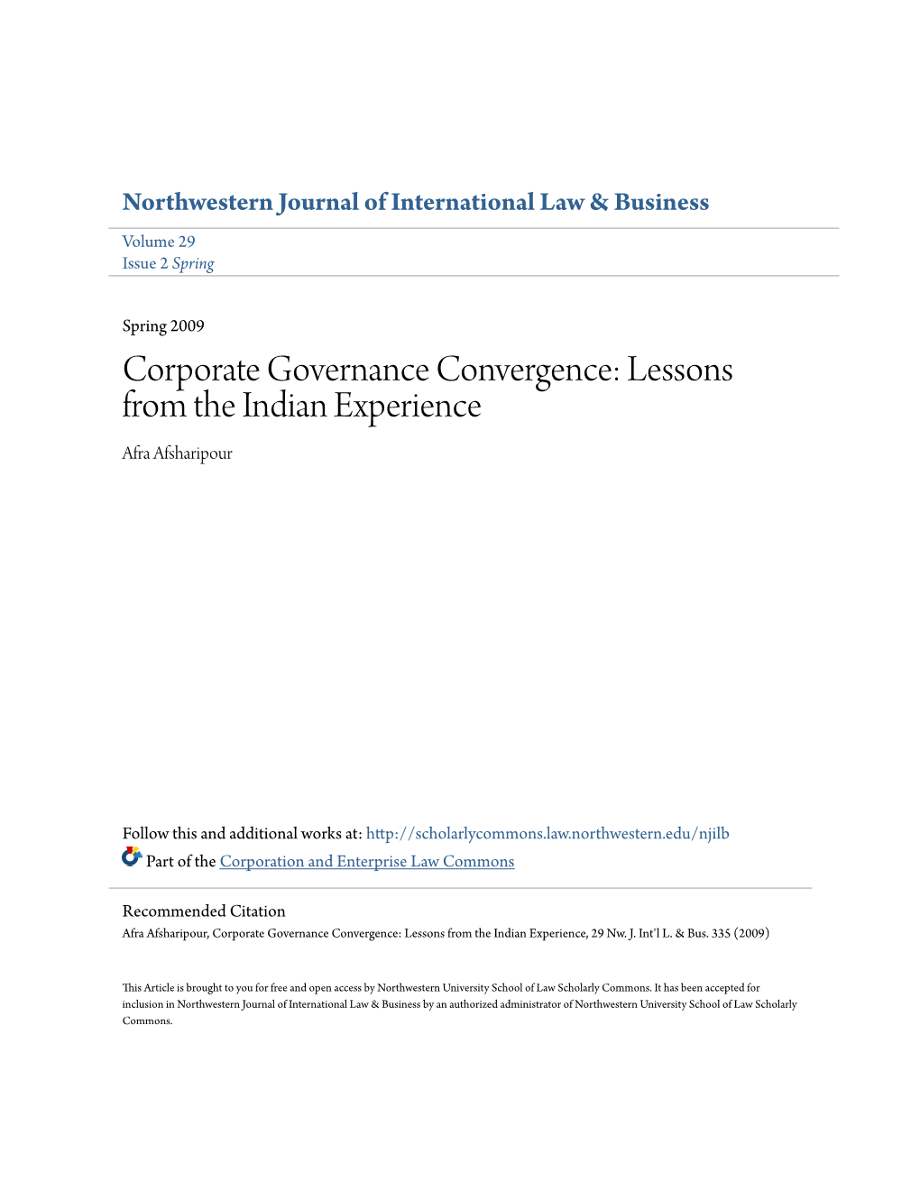 Corporate Governance Convergence: Lessons from the Indian Experience Afra Afsharipour