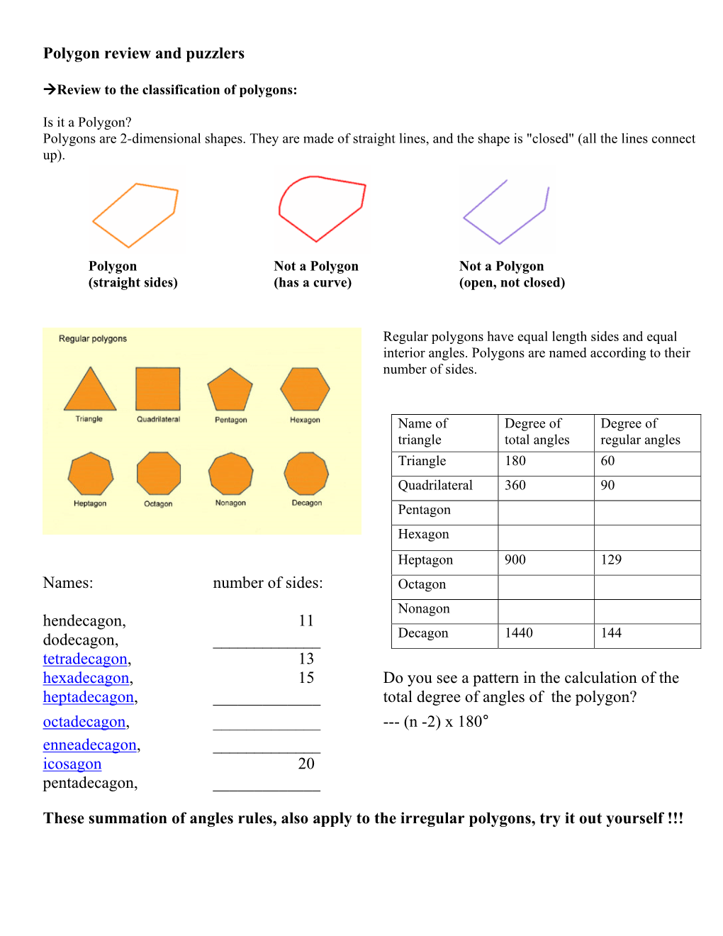 Polygon Review and Puzzlers in the Above, Those Are Names to the Polygons: Fill in the Blank Parts. Names: Number of Sides