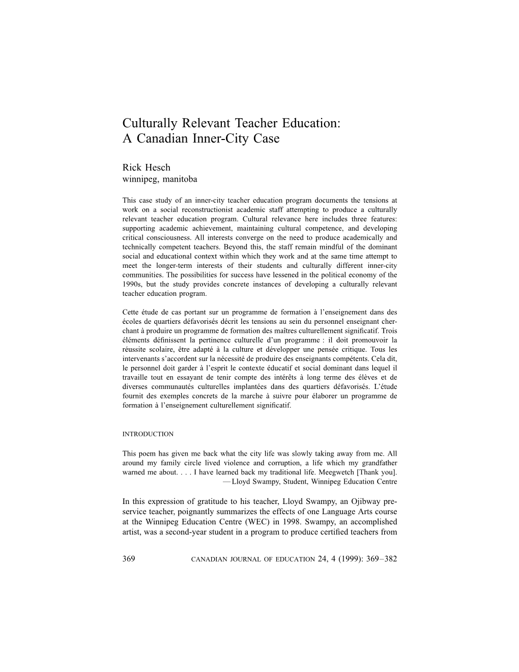 Culturally Relevant Teacher Education: a Canadian Inner-City Case