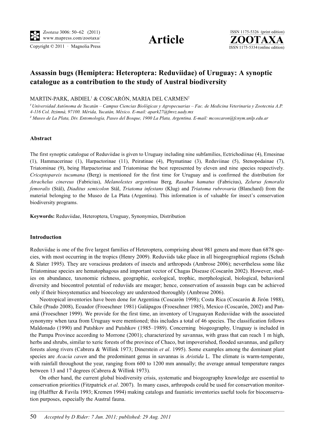 Hemiptera: Heteroptera: Reduviidae) of Uruguay: a Synoptic Catalogue As a Contribution to the Study of Austral Biodiversity