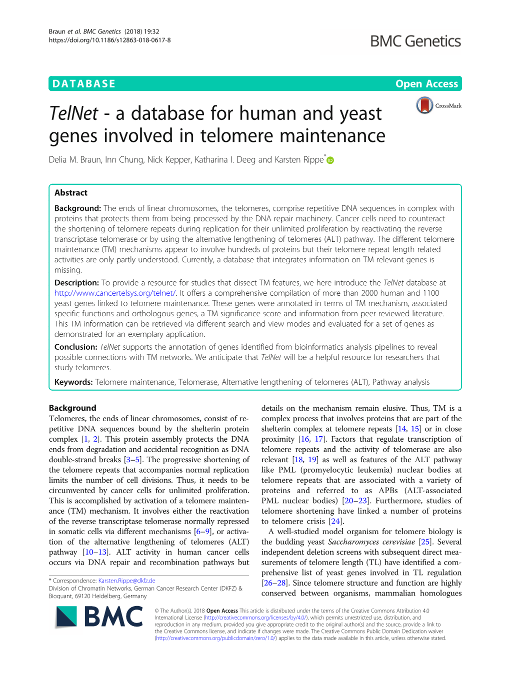 A Database for Human and Yeast Genes Involved in Telomere Maintenance Delia M
