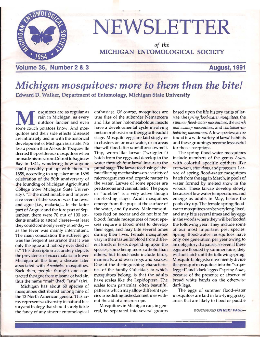 NEWSLETTER of the MICHIGAN ENTOMOLOGICAL SOCIETY