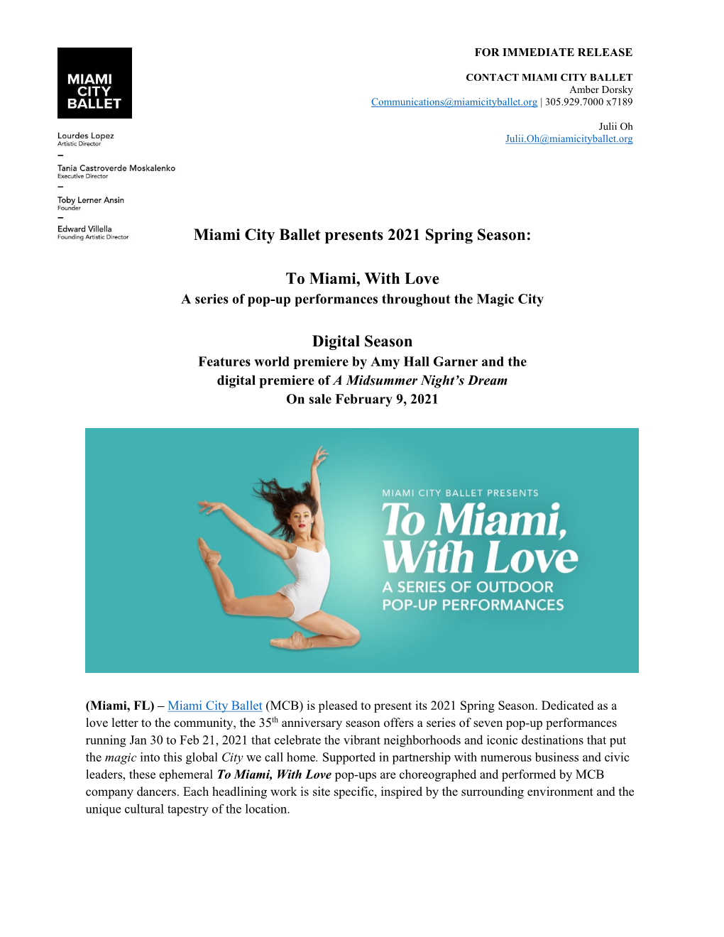 Miami City Ballet Presents 2021 Spring Season