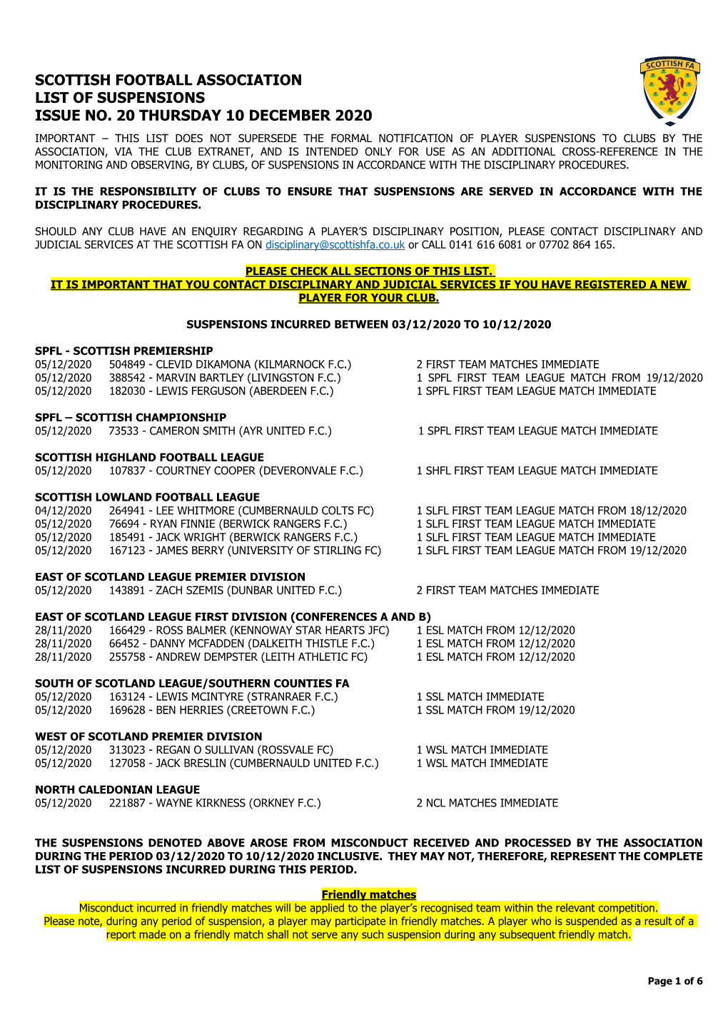 Scottish Football Association List of Suspensions Issue No