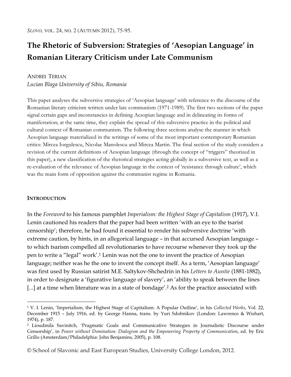 Strategies of 'Aesopian Language' in Romanian Literary Criticism Under