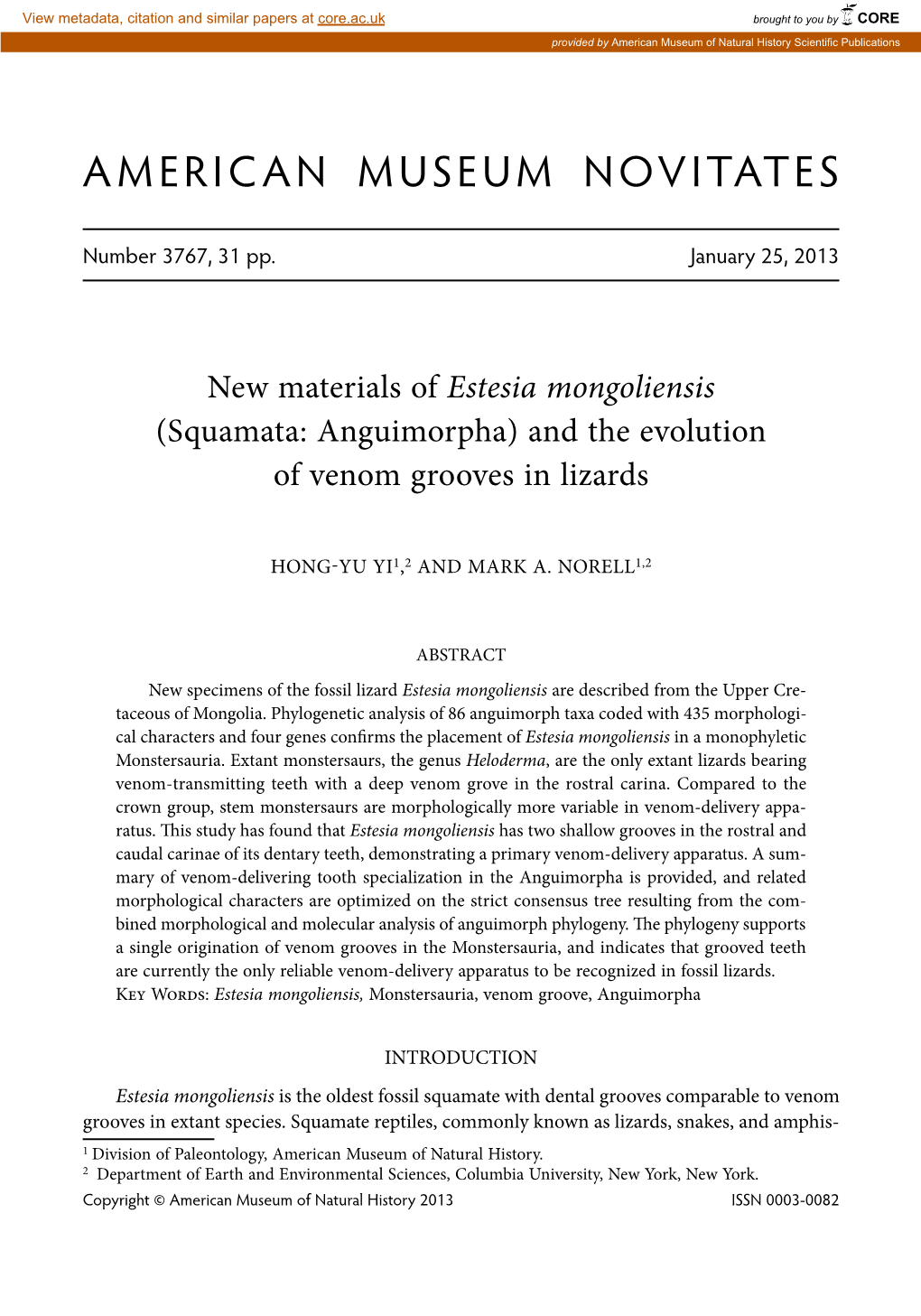 Estesia Mongoliensis (Squamata: Anguimorpha) and the Evolution of Venom Grooves in Lizards