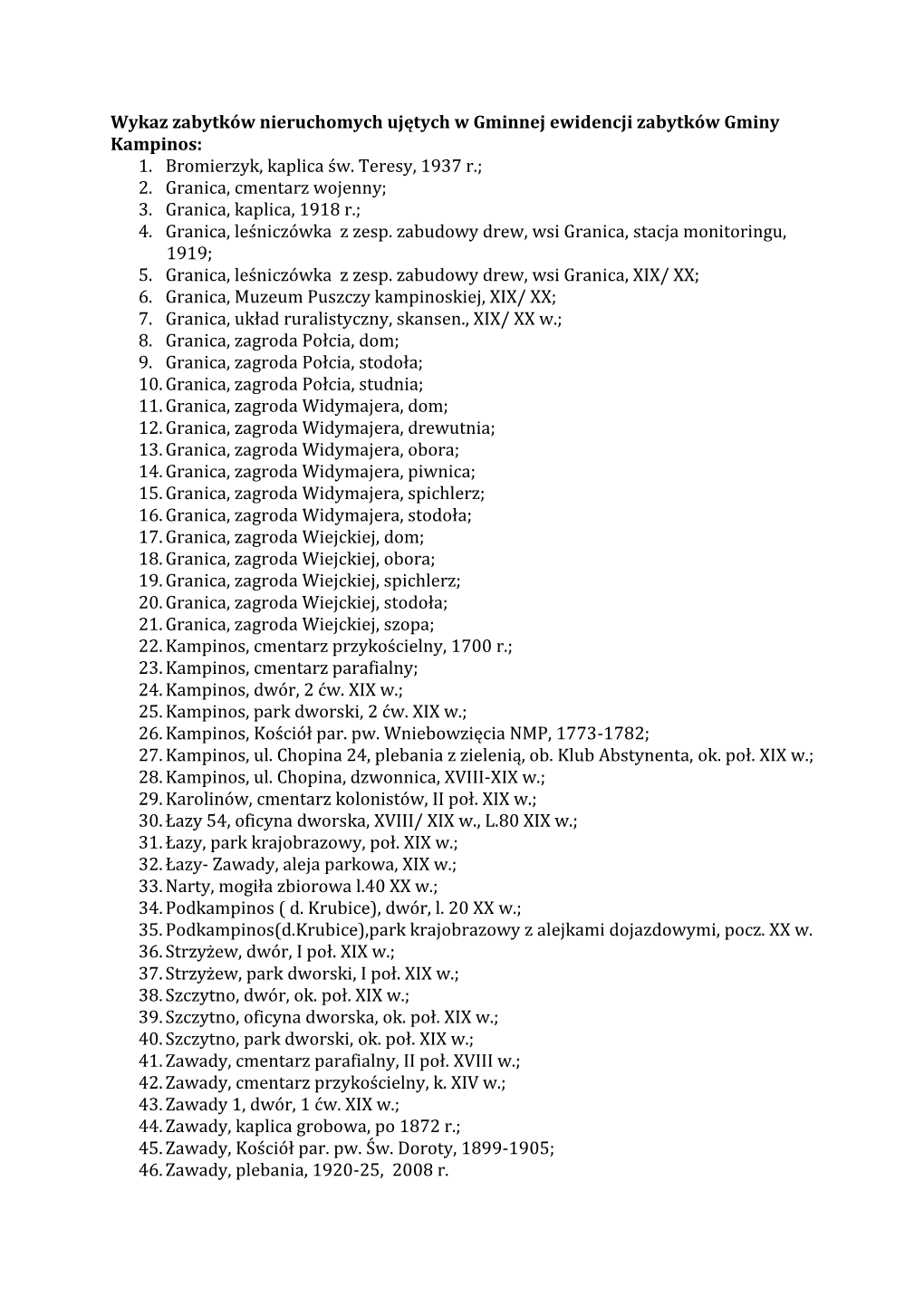 Wykaz Zabytków Nieruchomych Ujętych W Gminnej Ewidencji Zabytków Gminy Kampinos: 1