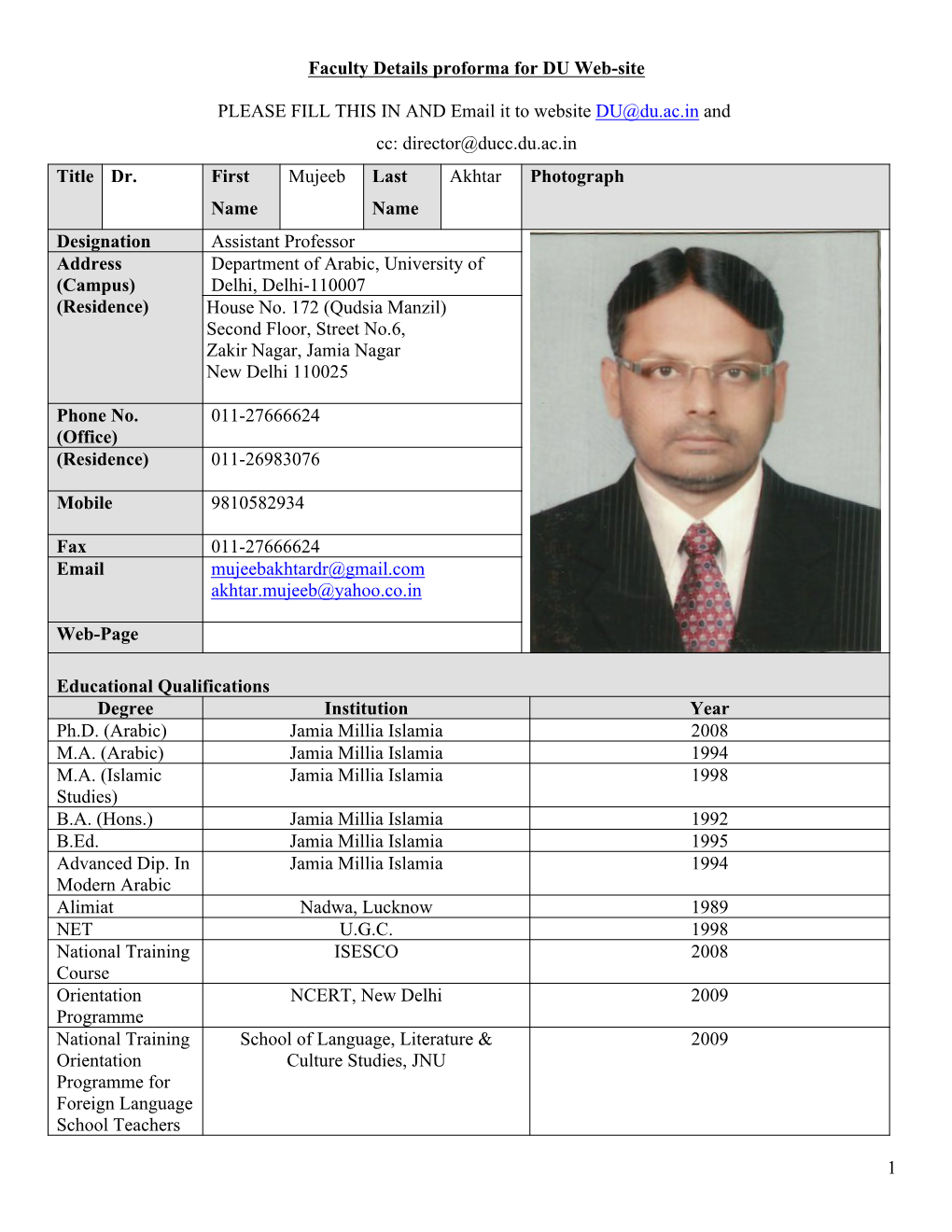 1 Faculty Details Proforma for DU Web-Site PLEASE FILL THIS in AND