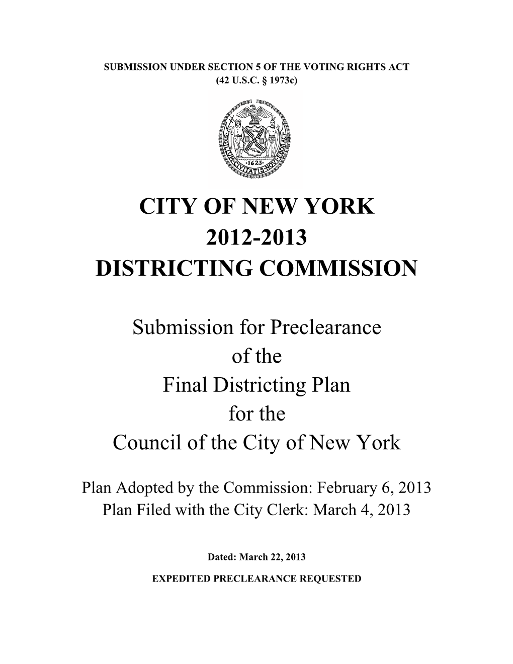 City of New York 2012-2013 Districting Commission
