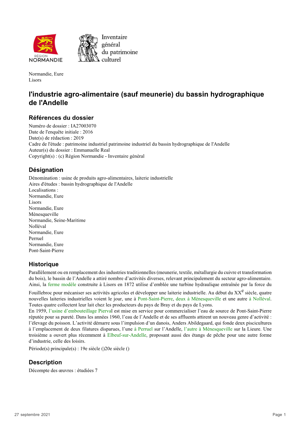 (Sauf Meunerie) Du Bassin Hydrographique De L'andelle