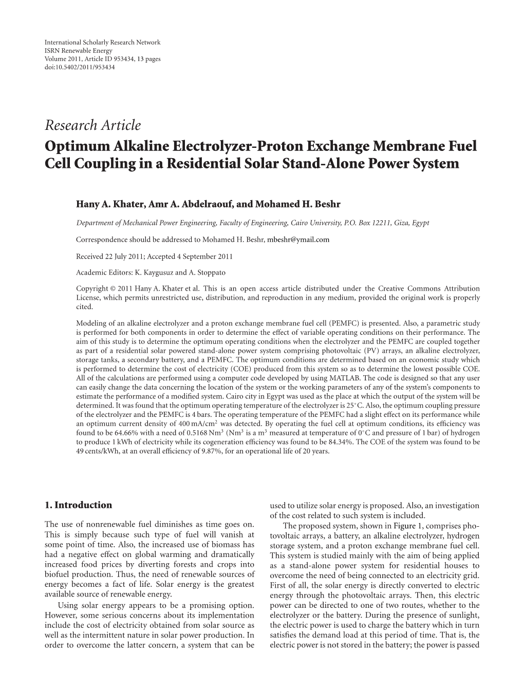 Optimum Alkaline Electrolyzer-Proton Exchange Membrane Fuel Cell Coupling in a Residential Solar Stand-Alone Power System