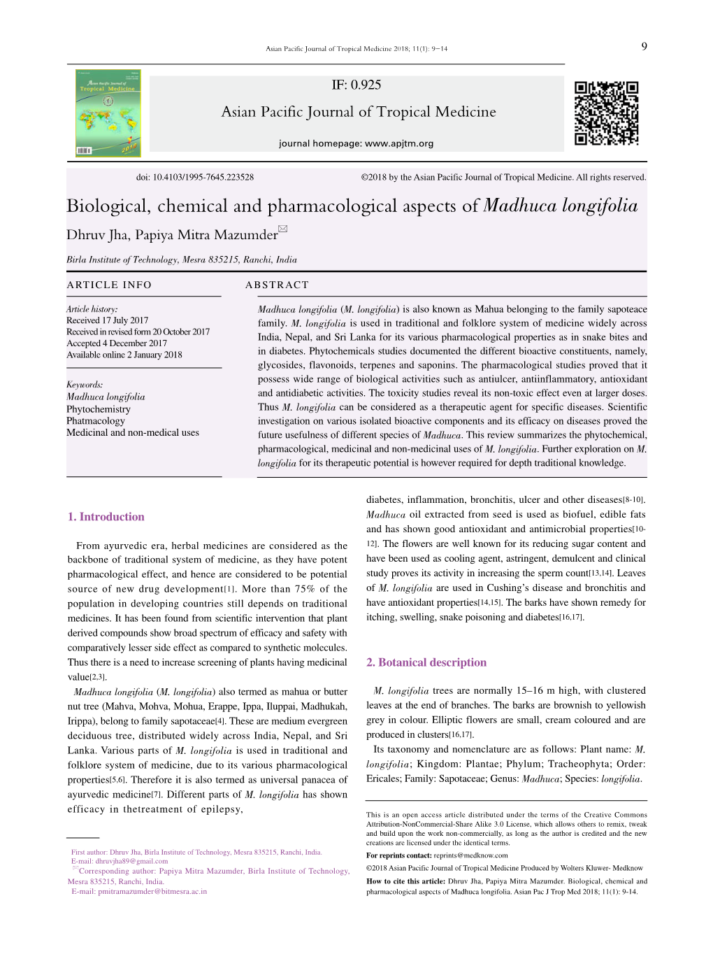 Biological, Chemical and Pharmacological Aspects of Madhuca Longifolia Dhruv Jha, Papiya Mitra Mazumder