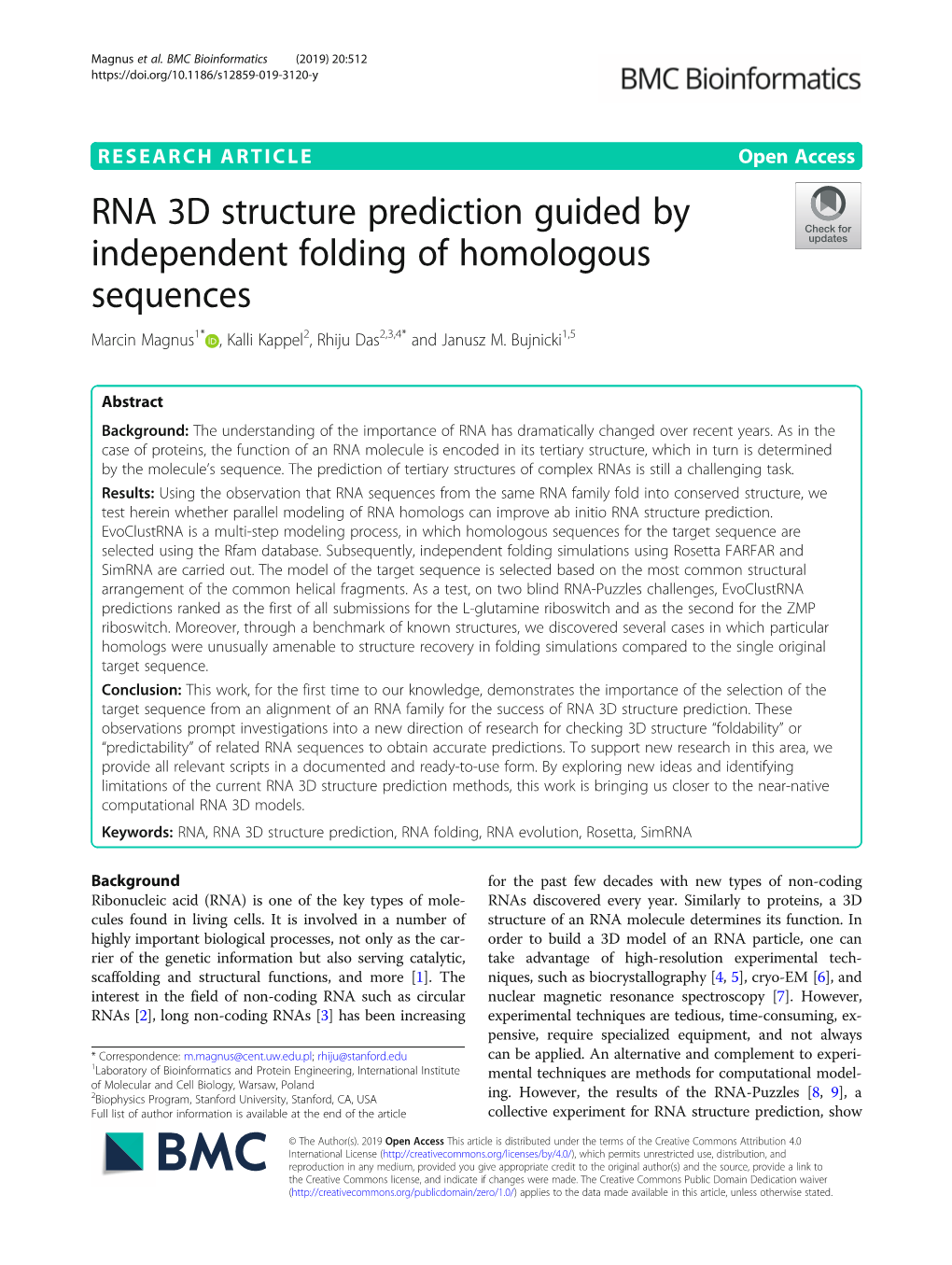 RNA 3D Structure Prediction Guided by Independent Folding of Homologous Sequences Marcin Magnus1* , Kalli Kappel2, Rhiju Das2,3,4* and Janusz M