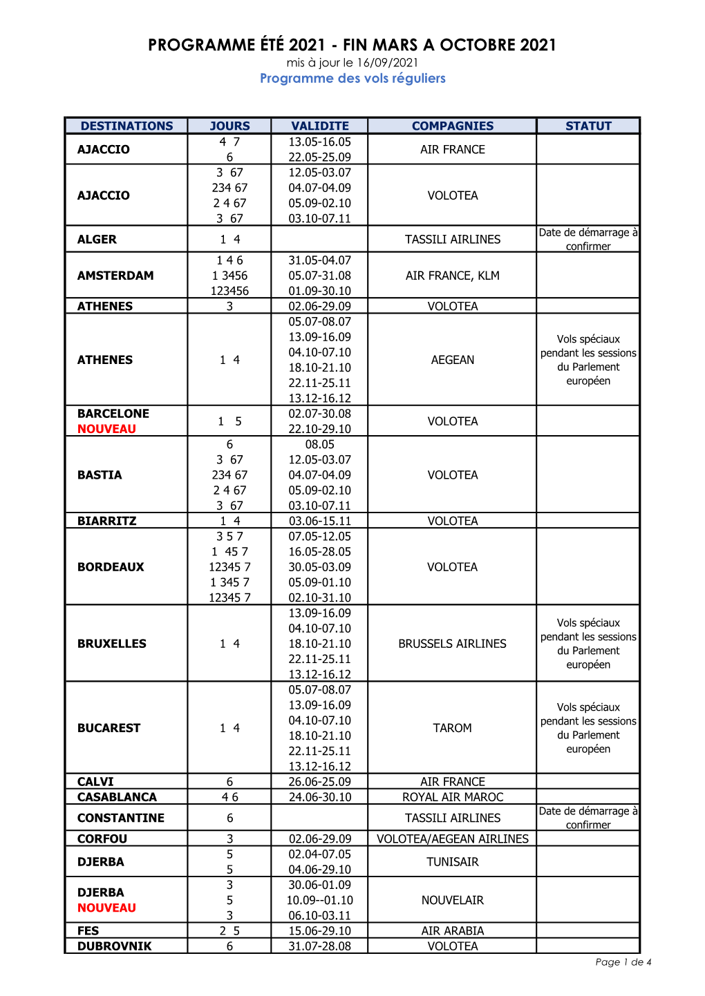 PROGRAMME ÉTÉ 2021 - FIN MARS a OCTOBRE 2021 Mis À Jour Le 16/09/2021 Programme Des Vols Réguliers