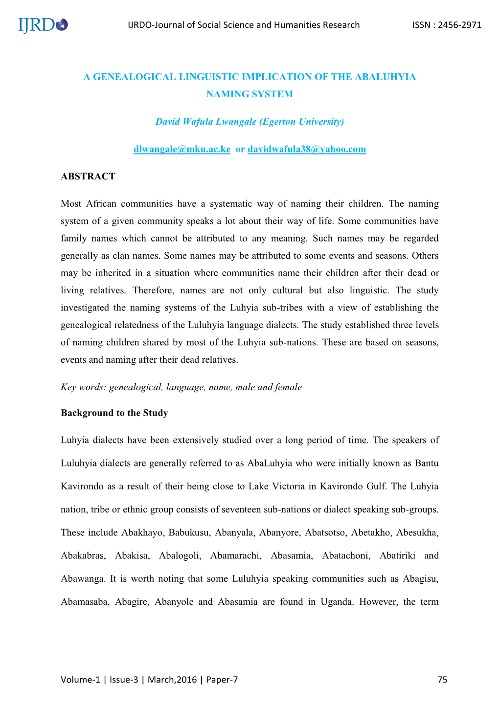 A Genealogical Linguistic Implication of the Abaluhyia Naming System