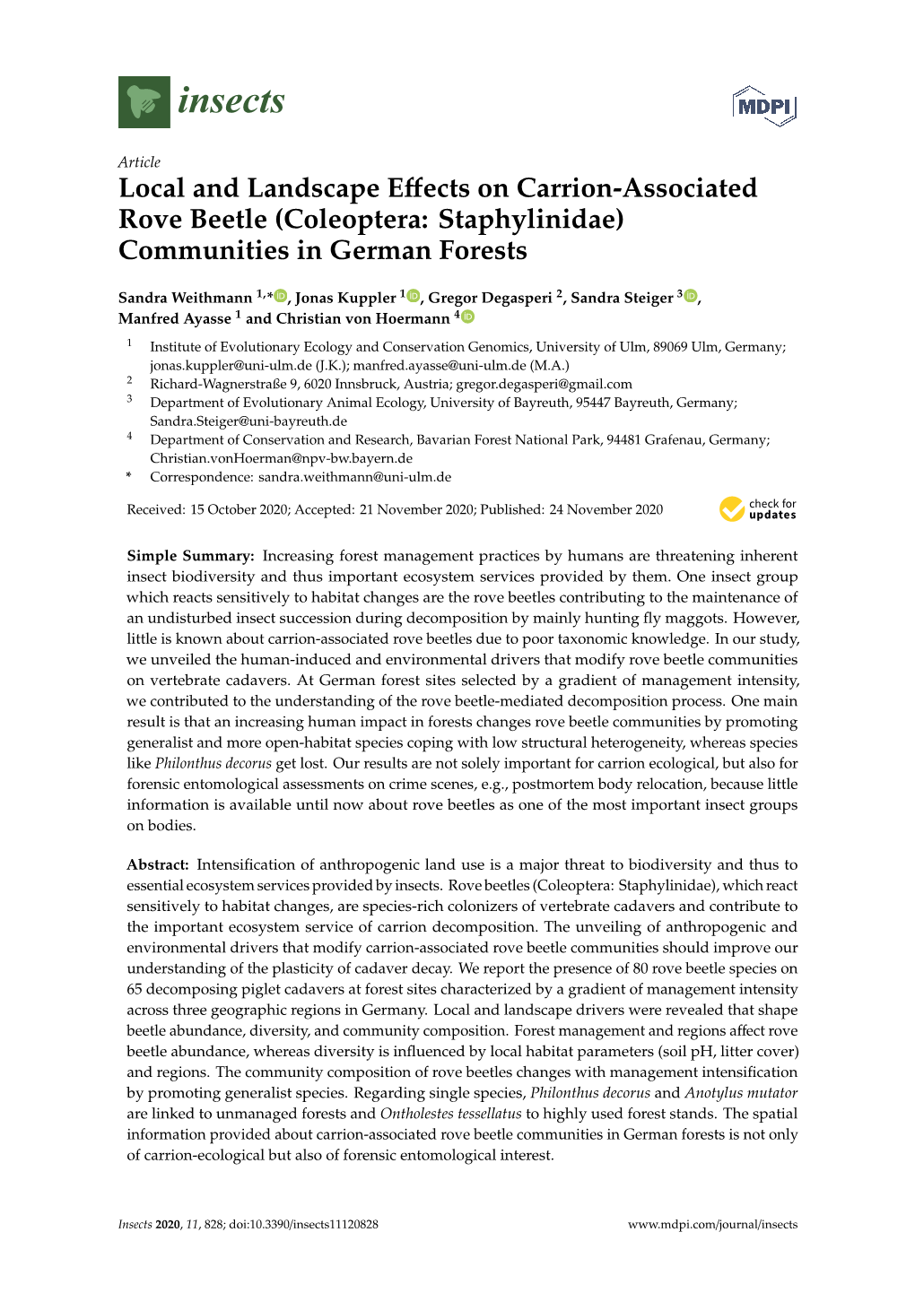 Local and Landscape Effects on Carrion-Associated Rove Beetle (Coleoptera: Staphylinidae) Communities in German Forests