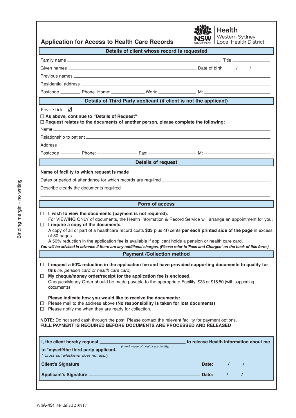 WSLHD Application for Health Care Records Form