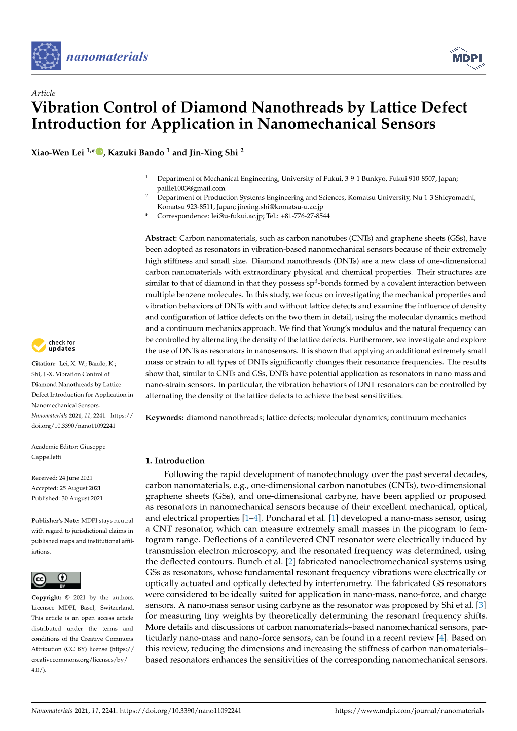 Vibration Control of Diamond Nanothreads by Lattice Defect Introduction for Application in Nanomechanical Sensors