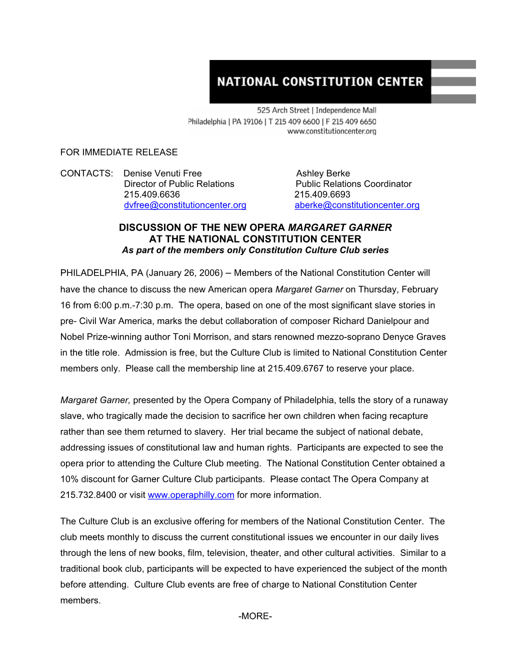 DISCUSSION of the NEW OPERA MARGARET GARNER at the NATIONAL CONSTITUTION CENTER As Part of the Members Only Constitution Culture Club Series