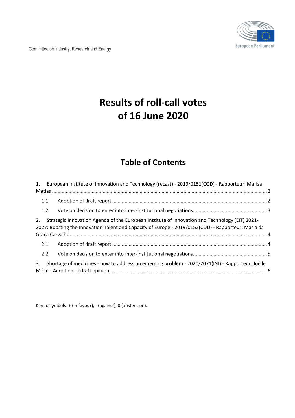 Results of Roll-Call Votes of 16 June 2020