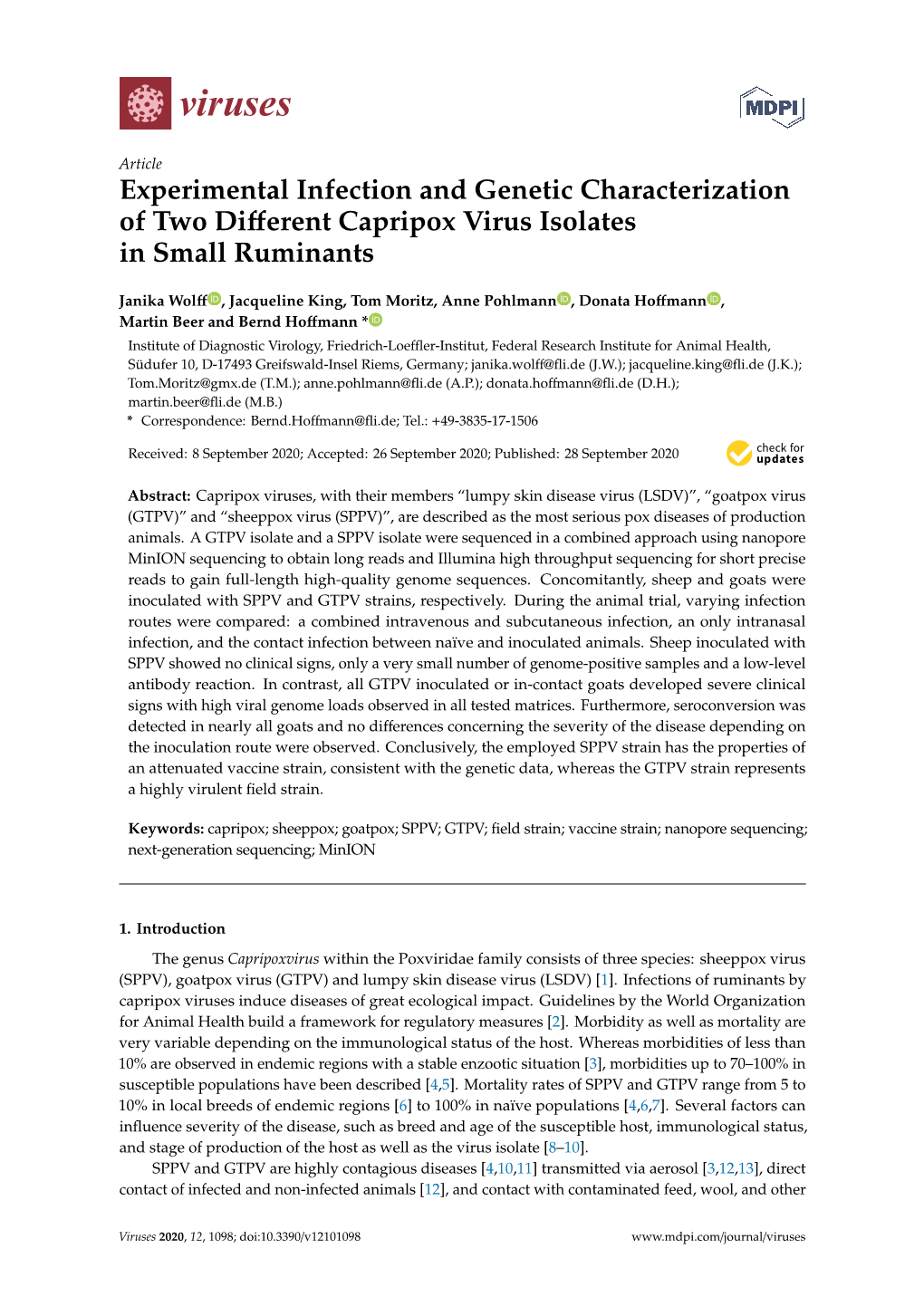 Experimental Infection and Genetic Characterization of Two Different