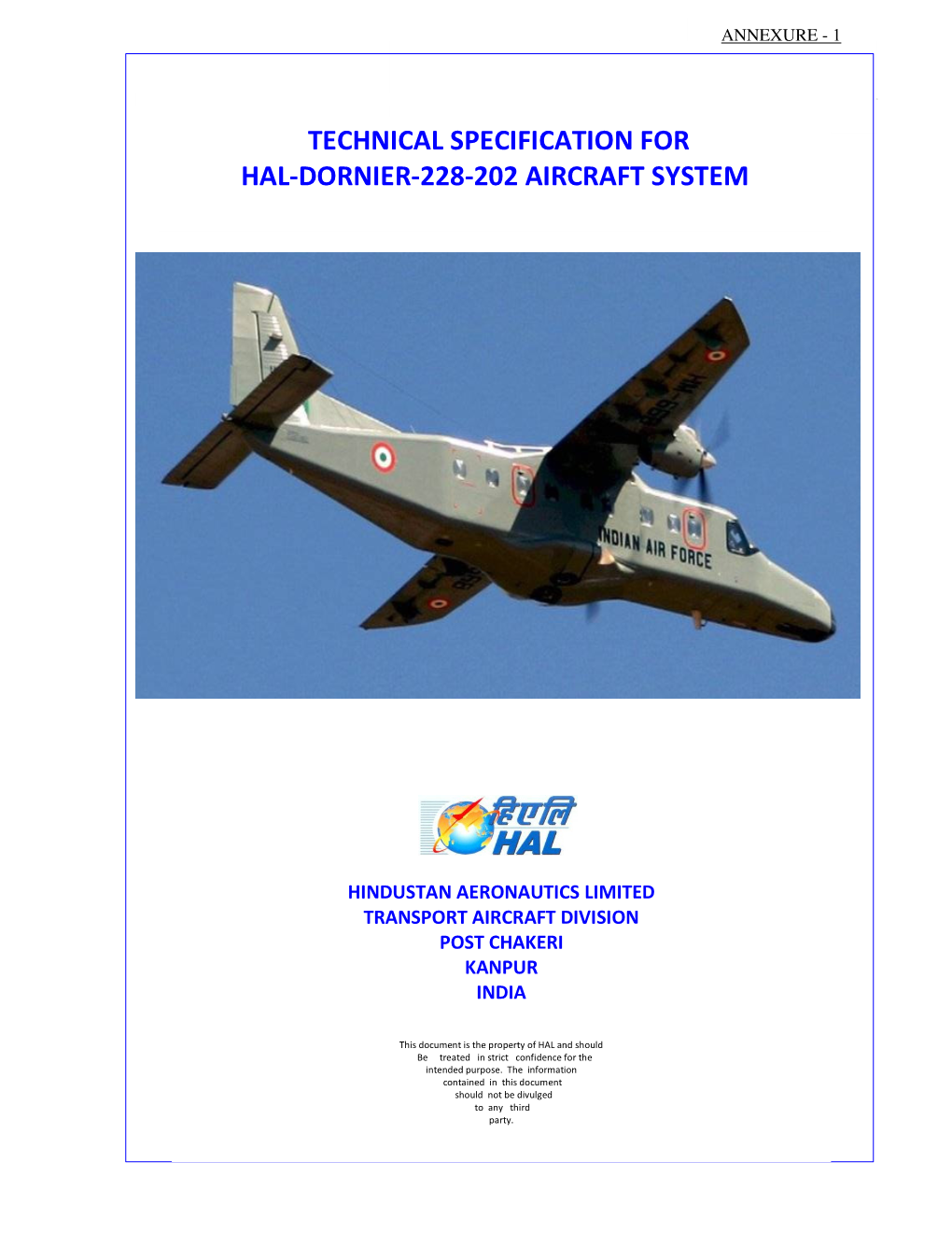 Technical Specification for Hal-Dornier-228-202 Aircraft System