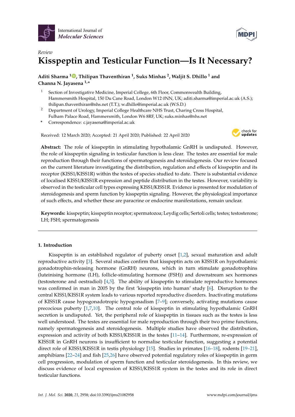 Kisspeptin and Testicular Function—Is It Necessary?