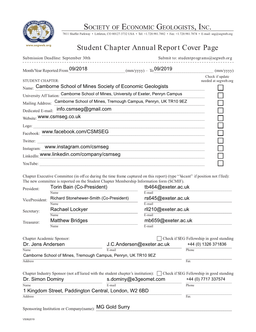 Student Chapter Annual Report Cover Page