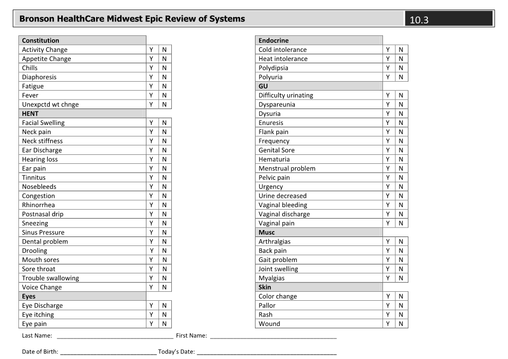 Bronson Healthcare Midwest Epic Review of Systems 10.3